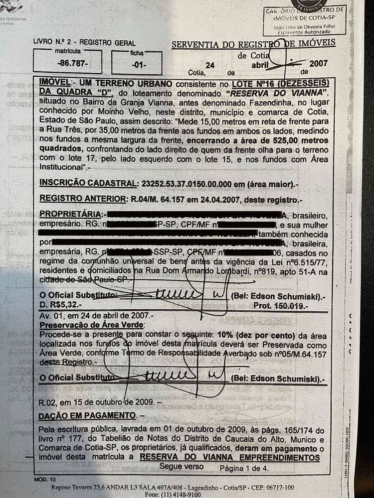 Cód. 864 – Matrícula (ficha 1)